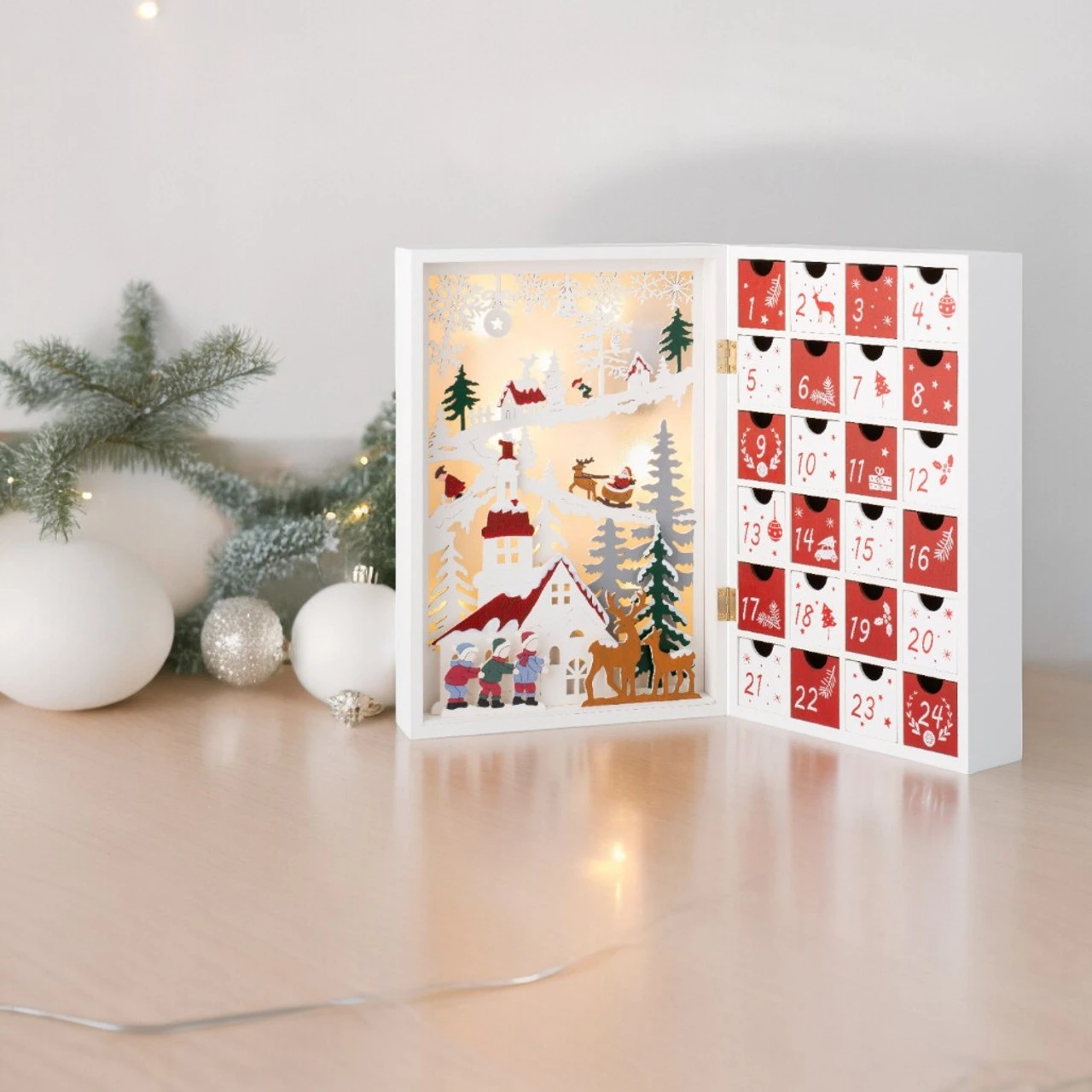 Lumineo Wood Advent Calendar With Church And Flying Santa Scene 4 Lumineo Wood Advent Calendar With Church And Flying Santa Scene - Image 2