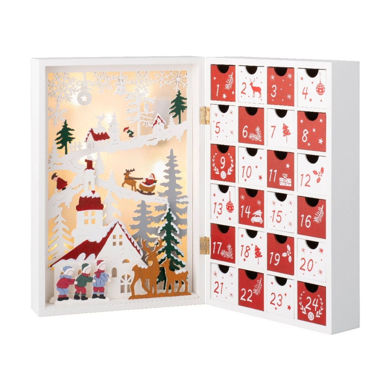 Lumineo Wood Advent Calendar With Church And Flying Santa Scene 3 Lumineo Wood Advent Calendar With Church And Flying Santa Scene