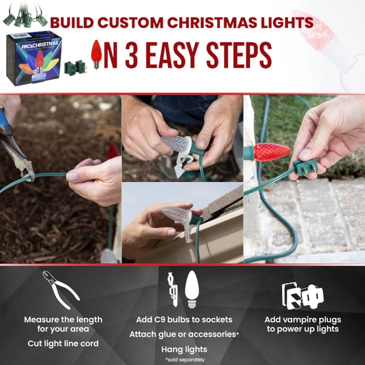 Light Line Kit - SPT-1 C9 25' Green Cord, 12" Spacing, 25 Pure White Bulbs, With 2 Male And Female Slide On Plugs 5 Light Line Kit - SPT-1 C9 25' Green Cord, 12" Spacing, 25 Pure White Bulbs, With 2 Male And Female Slide On Plugs - Image 3