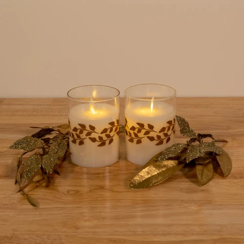 Battery Operated LED Glass Candles With Moving Flame, Gold Garland - Set Of 2 4 Battery Operated LED Glass Candles With Moving Flame, Gold Garland - Set Of 2 - Image 2