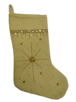 Embellished Beige & Gold Beaded Star Christmas Holiday Stocking