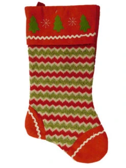 Embellished Red & Green Chevron Stripes Felt Christmas Tree Holiday Stocking