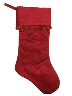 Red Glitter Satin Snowflake Christmas Holiday Stocking With Ruffle