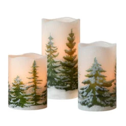 Battery Operated LED Wax Candles, Green Pines - Set Of 3