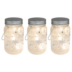 Battery Operated Silver Snowflake Glass Mason Jars - Set Of 3