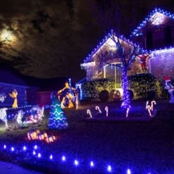 Light Line Kit - SPT-1 C9 50' Green Cord, 12" Spacing, 50 Blue Bulbs, With 3 Male And Female Slide On Plugs -Christmas Decor Sale blue c9 lights on home 2