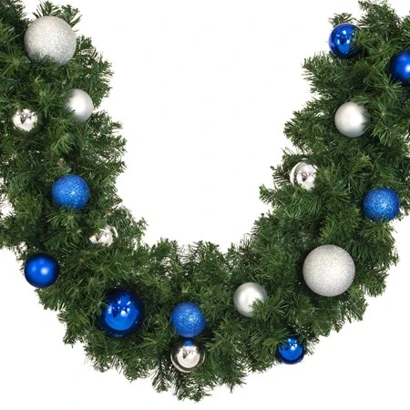 Decorated 9' X 14" Garland Unlit, Blue And Silver 4 Decorated 9' X 14" Garland Unlit, Blue And Silver - Image 2