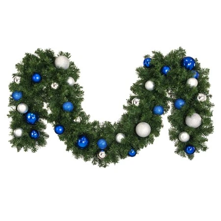 Decorated 9' X 14" Garland Unlit, Blue And Silver 3 Decorated 9' X 14" Garland Unlit, Blue And Silver