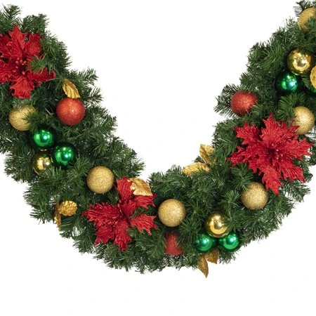 Decorated 9' X 14" Garland Unlit, Elegant Poinsettia 4 Decorated 9' X 14" Garland Unlit, Elegant Poinsettia - Image 2