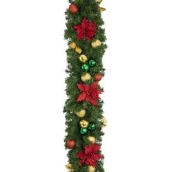 Decorated 9' X 14" Garland Unlit, Elegant Poinsettia 9 Decorated 9' X 14" Garland Unlit, Elegant Poinsettia -Christmas Decor Sale dg 914 ep d