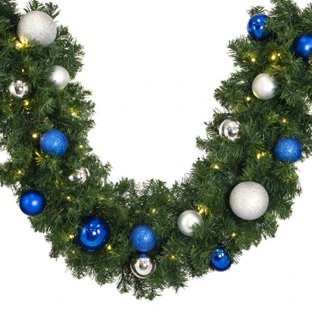 Decorated 9' X 14" Garland Lit Warm White, Blue And Silver 4 Decorated 9' X 14" Garland Lit Warm White, Blue And Silver - Image 2
