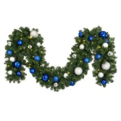 Decorated 9' X 14" Garland Lit Warm White, Blue And Silver