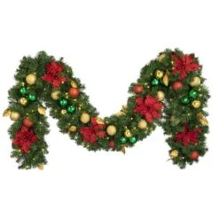 Decorated 9' X 14" Garland Lit Warm White, Elegant Poinsettia