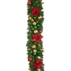 Decorated 9' X 14" Garland Lit Warm White, Elegant Poinsettia -Christmas Decor Sale dg 914 led ep d