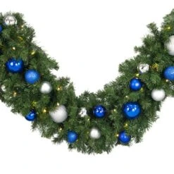 Decorated 9' X 18" Garland Lit Warm White, Blue And Silver -Christmas Decor Sale dg 918 led bs a