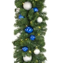 Decorated 9' X 18" Garland Lit Warm White, Blue And Silver -Christmas Decor Sale dg 918 led bs c