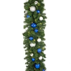 Decorated 9' X 18" Garland Lit Warm White, Blue And Silver -Christmas Decor Sale dg 918 led bs d