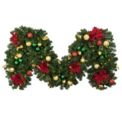 Decorated 9' X 18" Garland Lit Warm White, Elegant Poinsettia