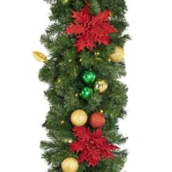 Decorated 9' X 18" Garland Lit Warm White, Elegant Poinsettia -Christmas Decor Sale dg 918 led ep c