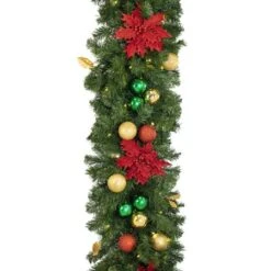 Decorated 9' X 18" Garland Lit Warm White, Elegant Poinsettia -Christmas Decor Sale dg 918 led ep d