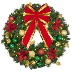 30" Lit LED Warm White Decorated Wreath - Elegant Poinsettia - Bow Option Available -Christmas Decor Sale dw 30 led ep b vb 12 rgt