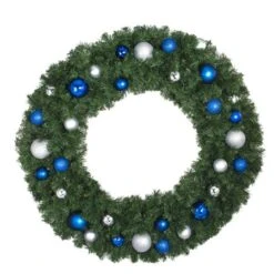 48" Unlit Decorated Wreath - Blue And Silver Décor - Bow Option Available