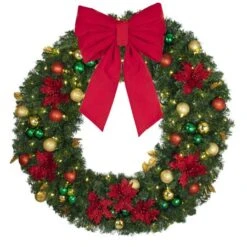 48" Lit LED Warm White Decorated Wreath - Elegant Poinsettia - Bow Option Available -Christmas Decor Sale dw 48 led ep b vb 18 r
