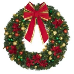 48" Lit LED Warm White Decorated Wreath - Elegant Poinsettia - Bow Option Available -Christmas Decor Sale dw 48 led ep b vb 18 rgt
