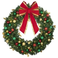48" Lit LED Warm White Decorated Wreath - Traditional Décor - Bow Option Available -Christmas Decor Sale dw 48 led t b vb 18 rgt