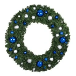 60" Unlit Decorated Wreath - Blue And Silver Décor - Bow Option Available