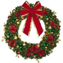 72" Lit LED Warm White Decorated Wreath - Elegant Poinsettia - Bow Option Available -Christmas Decor Sale dw 60 led ep b vb 24 rgt 1