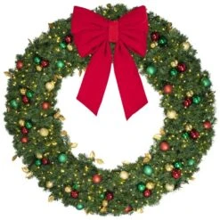 72" Lit LED Warm White Decorated Wreath - Traditional Décor - Bow Option Available -Christmas Decor Sale dw 72 led t b vb 24 r