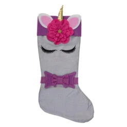 Northlight 20" White Unicorn Face Christmas Stocking With Purple Bow And Cuff