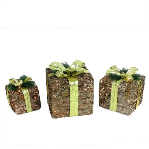 Northlight Lighted Glitter Rattan Gift Boxes Christmas Decoration - 12" - Clear Lights - Set Of 3 3 Northlight Lighted Glitter Rattan Gift Boxes Christmas Decoration - 12" - Clear Lights - Set Of 3