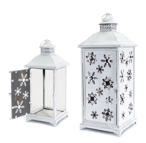 Set Of 2 Large White Cut-Out Snowflake All-Weather Iron And Glass Christmas Candle Lanterns 3 Set Of 2 Large White Cut-Out Snowflake All-Weather Iron And Glass Christmas Candle Lanterns