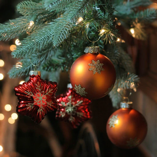 4ct Shiny Red Stars And Amber Orange Balls Glass Christmas Ornaments 4.25" 4 4ct Shiny Red Stars And Amber Orange Balls Glass Christmas Ornaments 4.25" - Image 2