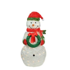 Northlight 38" Lighted White And Red Tinsel Snowman With Wreath Outdoor Christmas Decoration