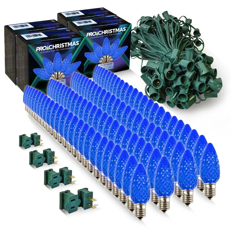 Light Line Kit - SPT-1 C9 100' Green Cord, 12" Spacing, 100 Blue Bulbs, With 4 Male And Female Slide On Plugs 3 Light Line Kit - SPT-1 C9 100' Green Cord, 12" Spacing, 100 Blue Bulbs, With 4 Male And Female Slide On Plugs