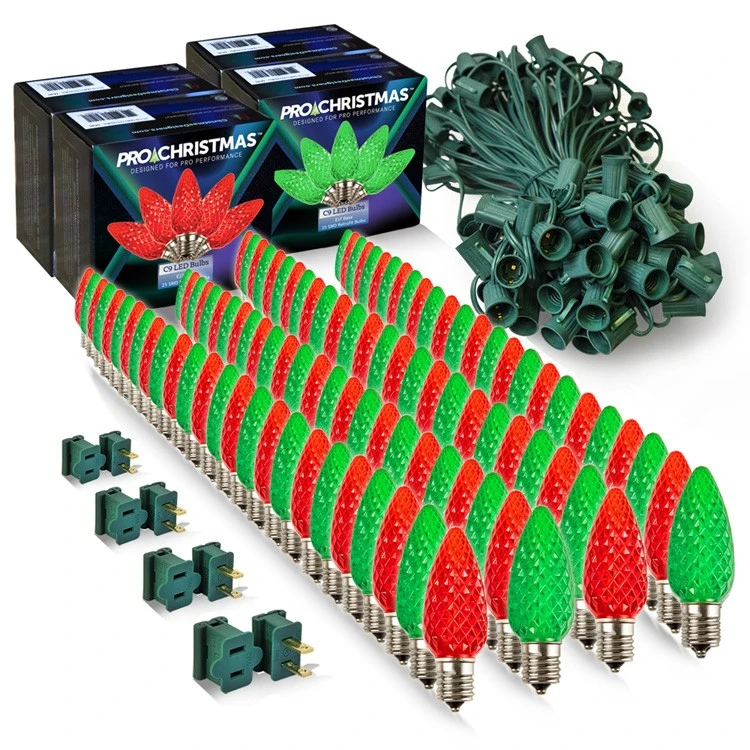 Light Line Kit - SPT-1 C9 100' Green Cord, 12" Spacing, 50 Red And 50 Green Bulbs, With 4 Male And Female Slide On Plugs 3 Light Line Kit - SPT-1 C9 100' Green Cord, 12" Spacing, 50 Red And 50 Green Bulbs, With 4 Male And Female Slide On Plugs