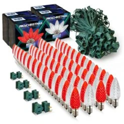 Light Line Kit - SPT-1 C9 100' Green Cord, 12" Spacing, 50 Cool White And 50 Red Bulbs, With 4 Male And Female Slide On Plugs