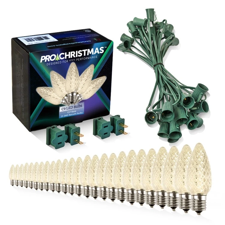 Light Line Kit - SPT-1 C9 25' Green Cord, 12" Spacing, 25 Warm White Bulbs, With 2 Male And Female Slide On Plugs 3 Light Line Kit - SPT-1 C9 25' Green Cord, 12" Spacing, 25 Warm White Bulbs, With 2 Male And Female Slide On Plugs