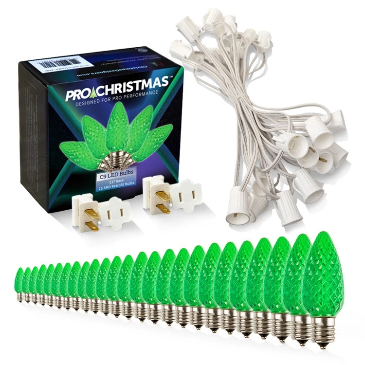 Light Line Kit - SPT-1 C9 25' White Cord, 12" Spacing, 25 Green Bulbs, With 2 Male And Female Slide On Plugs 3 Light Line Kit - SPT-1 C9 25' White Cord, 12" Spacing, 25 Green Bulbs, With 2 Male And Female Slide On Plugs