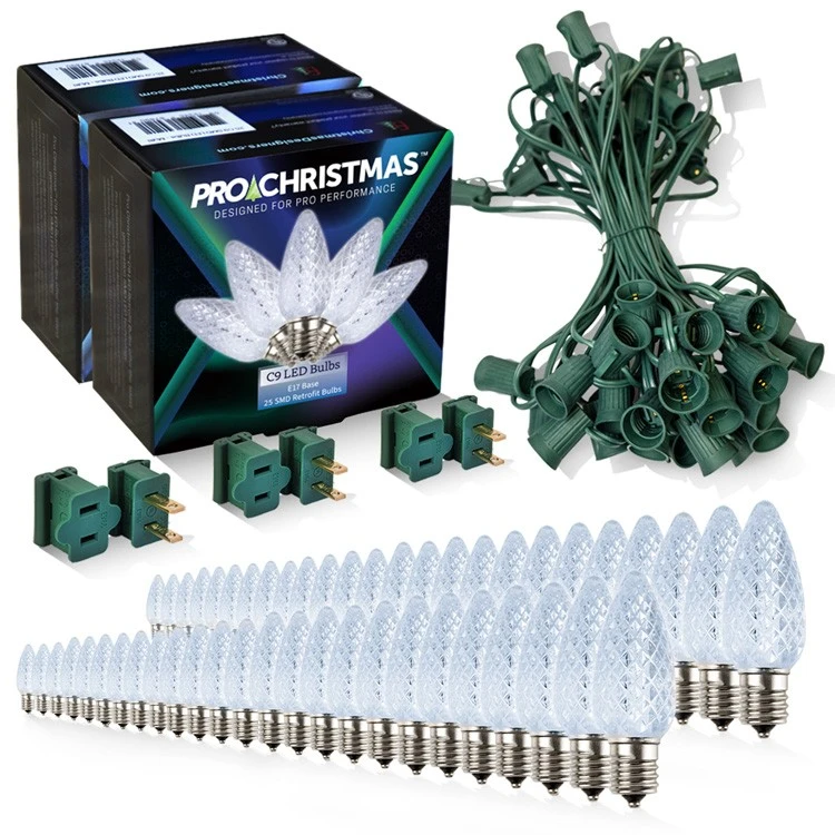Light Line Kit - SPT-1 C9 50' Green Cord, 12" Spacing, 50 Cool White Bulbs, With 3 Male And Female Slide On Plugs 3 Light Line Kit - SPT-1 C9 50' Green Cord, 12" Spacing, 50 Cool White Bulbs, With 3 Male And Female Slide On Plugs