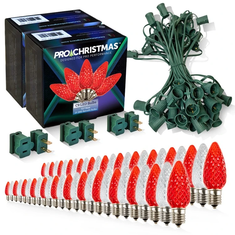 Light Line Kit - SPT-1 C9 50' Green Cord, 12" Spacing, 25 Cool White And 25 Red Bulbs, With 3 Male And Female Slide On Plugs 3 Light Line Kit - SPT-1 C9 50' Green Cord, 12" Spacing, 25 Cool White And 25 Red Bulbs, With 3 Male And Female Slide On Plugs