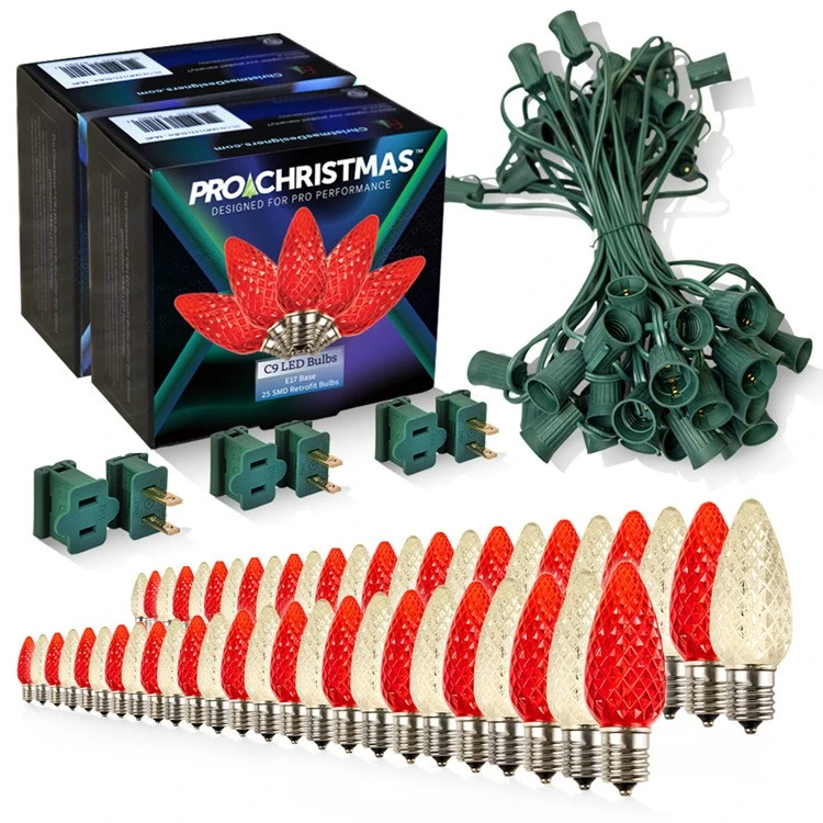 Light Line Kit - SPT-1 C9 50' Green Cord, 12" Spacing, 25 Warm White And 25 Red Bulbs, With 3 Male And Female Slide On Plugs 3 Light Line Kit - SPT-1 C9 50' Green Cord, 12" Spacing, 25 Warm White And 25 Red Bulbs, With 3 Male And Female Slide On Plugs