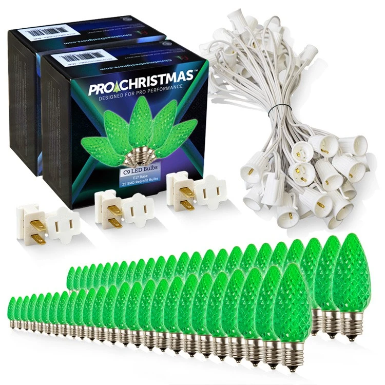 Light Line Kit - SPT-1 C9 50' White Cord, 12" Spacing, 50 Green Bulbs, With 3 Male And Female Slide On Plugs 3 Light Line Kit - SPT-1 C9 50' White Cord, 12" Spacing, 50 Green Bulbs, With 3 Male And Female Slide On Plugs