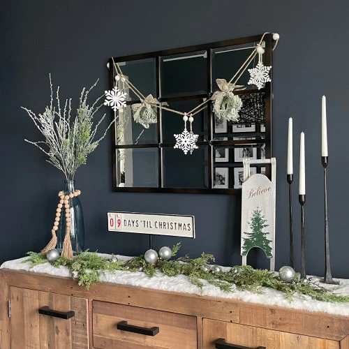 Northlight 4.75" Snowflake And Frosted Pine Christmas Garland With Wooden Beads - Unlit 5 Northlight 4.75" Snowflake And Frosted Pine Christmas Garland With Wooden Beads - Unlit - Image 3