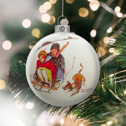 Northlight 3" Norman Rockwell 'Young Love: Sledding' Glass Christmas Disc Ornament 4 Northlight 3" Norman Rockwell 'Young Love: Sledding' Glass Christmas Disc Ornament - Image 2