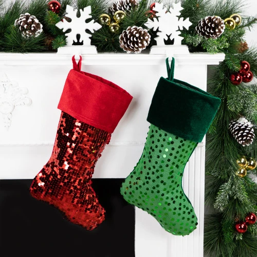 Northlight 20" Shiny Metallic Green Sequined Christmas Stocking With Velveteen Cuff 4 Northlight 20" Shiny Metallic Green Sequined Christmas Stocking With Velveteen Cuff - Image 2