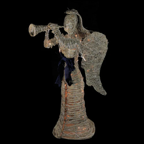 4.25' Lighted Silver And Beige Glitter Dusted Angel With Horn Outdoor Christmas Yard Art Decor 5 4.25' Lighted Silver And Beige Glitter Dusted Angel With Horn Outdoor Christmas Yard Art Decor - Image 3